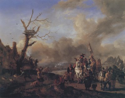 Aankomende Soldatengroep met Marktkoopvrouwen en Kinderen, een Boerderij Plunderend door Philips Wouwerman